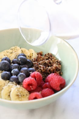 A healthy breakfast bowl packed with protein, antioxidants, vitamins, nutrients and fiber. These are easy to make and a great way to get your daily intake of fruit. You can make the quinoa ahead and keep it refrigerated (or frozen) for when you're ready to eat for a quick breakfast on the go!