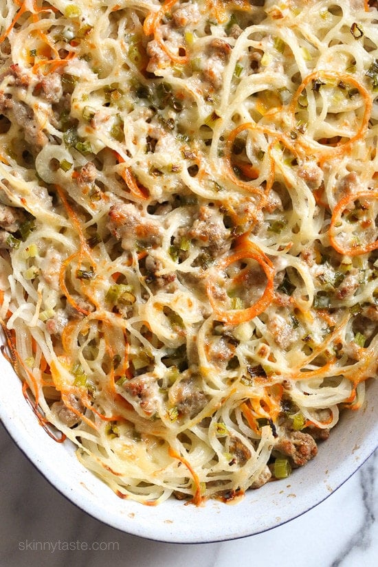 This spiralized turnip, carrot and potato au gratin casserole is baked with turkey in a light cream sauce finished with grated Gruyere cheese – a dish worthy for your Holiday table.