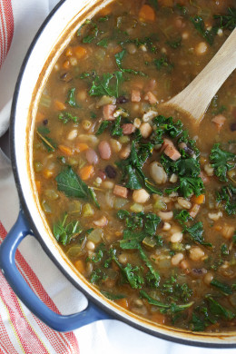 Made with a 16 bean soup mix (if yours comes with a flavor packet you'll want to discard it) plus smoked ham, vegetables, fresh herbs and kale. You'll want to soak the beans overnight, then discard the water the next day before cooking.