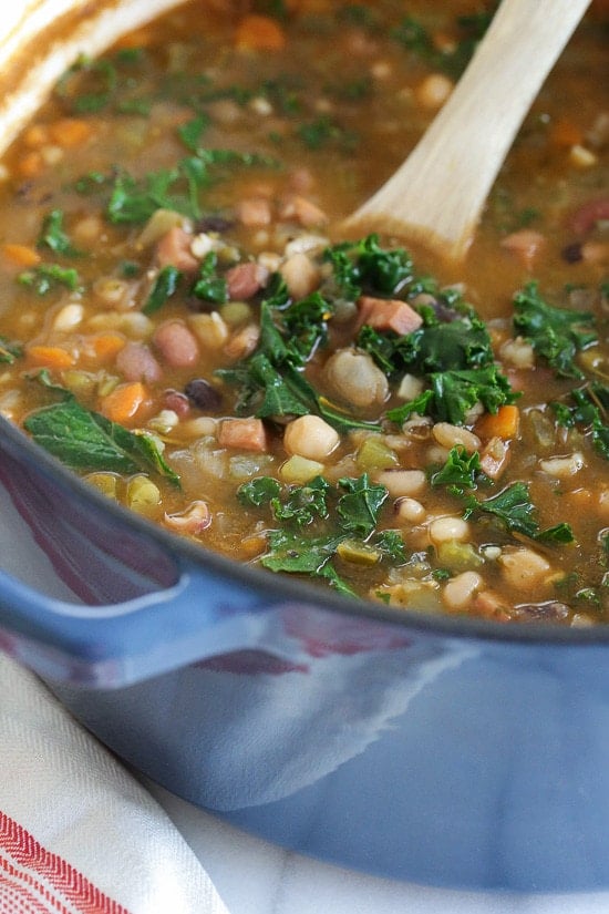 16 Bean Soup with Ham and Kale – a hearty soup, high in fiber and perfect for freezer friendly meals. Weight Watchers Smart Points: 5 Calories: 155