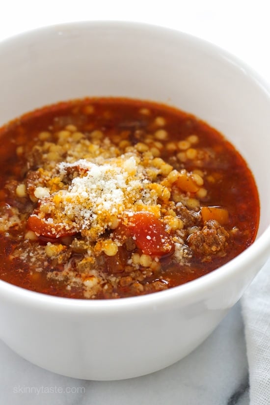 My family DEVOURED this delicious bowl of soup made with ground beef, tomatoes, and tiny pasta. It's warm and comforting, like a great big hug on a cold winter day. Kid-friendly, freezer-friendly!