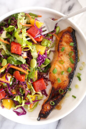miso salmon with a colorful asian salad