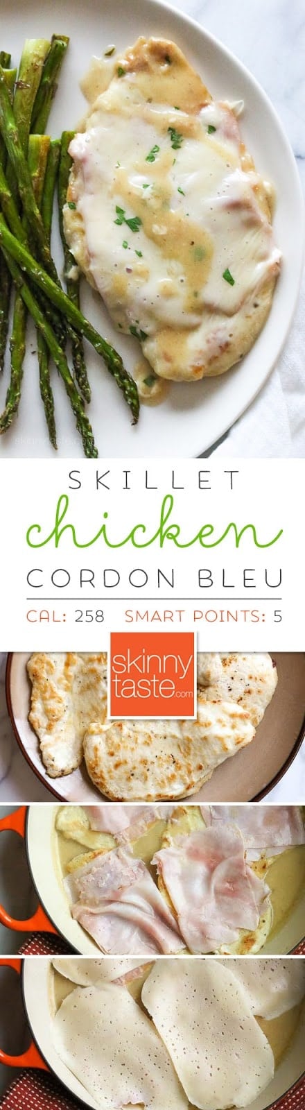 Skillet Chicken Cordon Bleu – this quick, light chicken dish is inspired by one of my favorite dishes – chicken cordon bleu without the rolling, breading and baking. It's delicious, low carb and perfect for weeknight cooking!