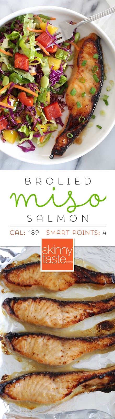 Broiled Miso Salmon – for a really quick dinner, marinate the salmon overnight with this EASY 3-ingredient miso marinade (it's so good) then broil the next day, takes about 7 minutes to cook! Smart Points: 4 Calories: 189