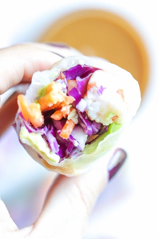 Love the colors in these FRESH homemade Vietnamese style shrimp summer rolls! Accompanied with a peanut hoisin dipping sauce. They are simple to make at home and can be filled with any type of protein and veggies you like.