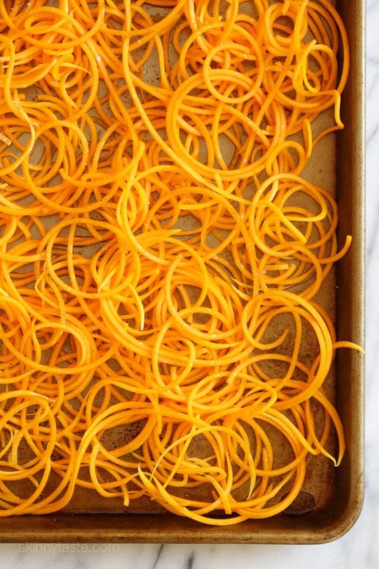 Roasted Spiralized Butternut Squash Noodles are a healthy pasta alternative or side dish that only takes about 10 minutes to roast in the oven.