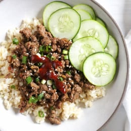 Korean Beef Rice Bowls takes about 20 minutes to whip up, so quick and easy, loaded with flavor for under 400 calories!