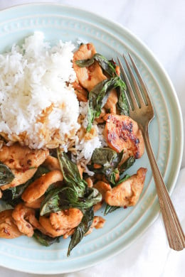 This simple Thai dish, known as Pad Grapow, is insanely quick and inexpensive to make. It's light, yet flavorful with lots of heat and tons of basil.