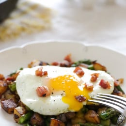 Breakfast Asparagus-Pancetta and Potato Hash topped with an egg – delicious!