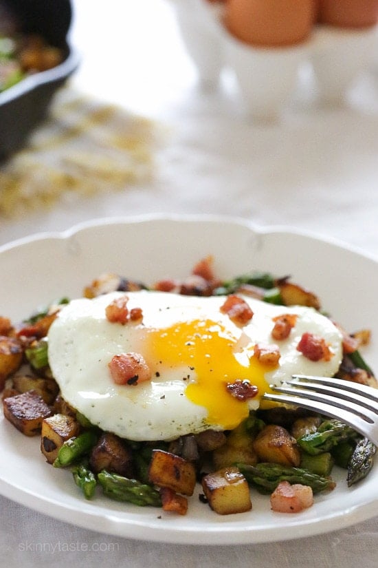 Breakfast Asparagus - pancetta and potato hash topped with eggs – delicious!
