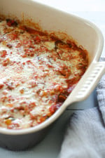 Layers of eggplant, zucchini and squash are baked in a quick tomato sauce with bell peppers and herbs then topped with Havarti cheese. This is a great tasting meatless main dish.