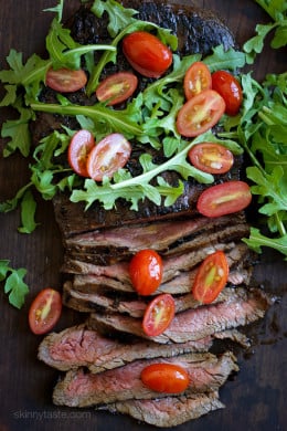 This Grilled Balsamic Steak with Tomatoes and Arugula is an easy weeknight dinner solution –marinate the steak overnight with balsamic vinegar and fresh herbs, then fire up the grill and serve with a simple tossed arugula-tomato salad, on the table in less than 20 minutes!