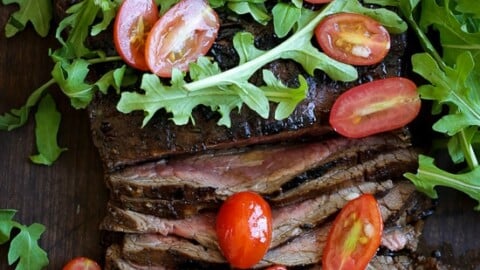 This Grilled Balsamic Steak with Tomatoes and Arugula is an easy weeknight dinner solution –marinate the steak overnight with balsamic vinegar and fresh herbs, then fire up the grill and serve with a simple tossed arugula-tomato salad, on the table in less than 20 minutes!