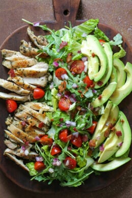 Rosemary Chicken Salad with Avocado and Bacon on a board
