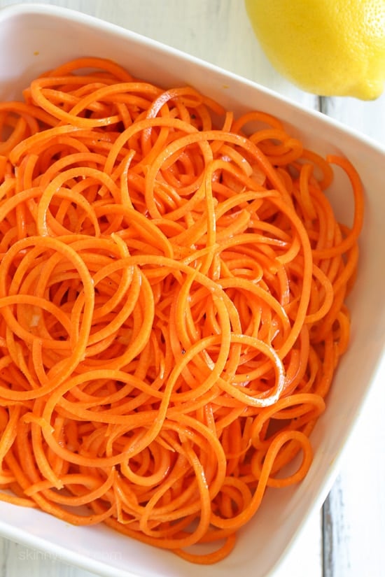 An easy 5-ingredient carrot salad that is lemony, bright and delicious! You don't need a spiralizer to make it, you can use pre-shredded carrots or use a potato peeler to cut the carrots into ribbons.