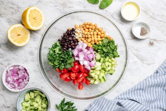 Ingredients for Mediterranean bean salad.