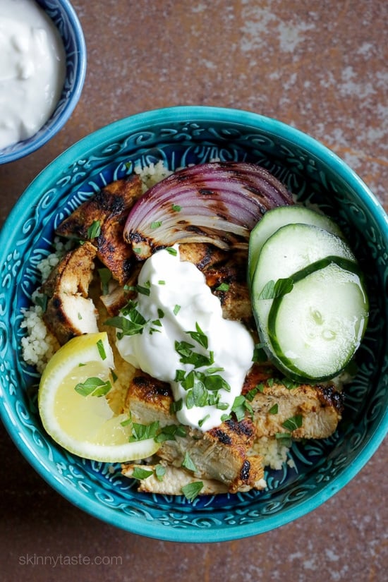 An easy, grilled chicken version of the classic Turkish street food which is usually cooked on a rotating spit. It is perfect served over couscous with yogurt and cucumbers as I did here, or try it with rice pilaf, or on a pita. Other sides that would work are tomatoes, tahini, olives, feta, or hummus. Harissa would also work great to add some spice!