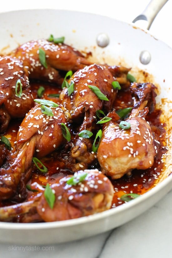 These skinless teriyaki chicken drumsticks sweet and sticky, and so delicious! Cooked in a skillet with honey, soy sauce, garlic and ginger until the chicken is tender and the sauce thickens. You won't miss the skin!