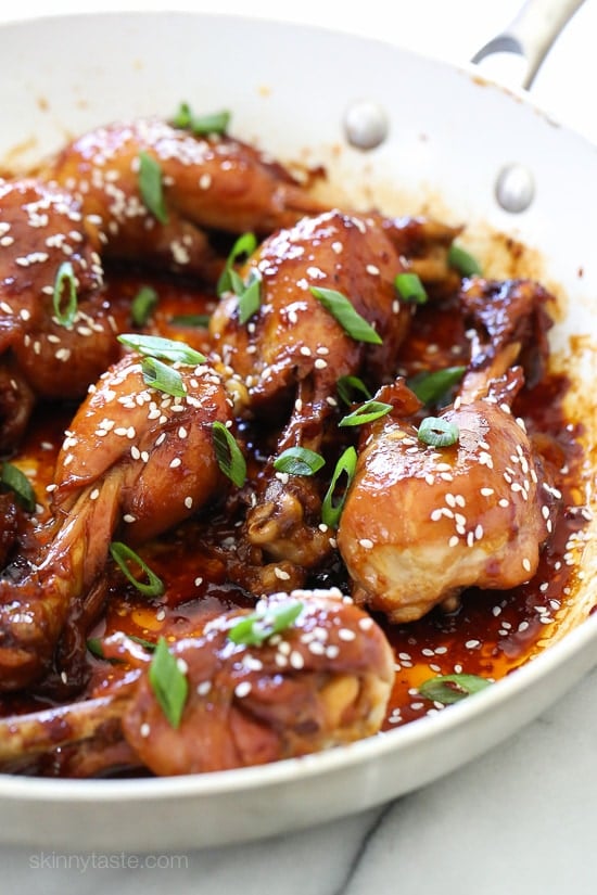 These skinless chicken drumsticks sweet and sticky, and so delicious! Cooked in a skillet with honey, soy sauce, garlic and ginger until the chicken is tender and the sauce thickens. You won't miss the skin!