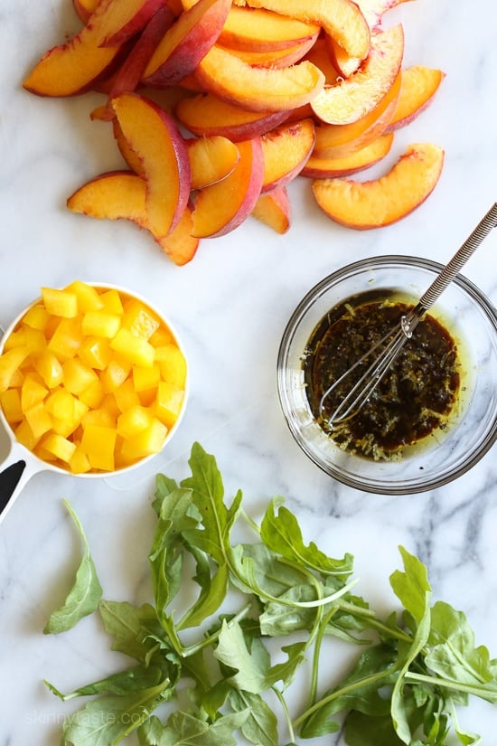 Peaches are so ripe and juicy right now, the perfect time to make this easy, delicious salad you can whip up in minutes!