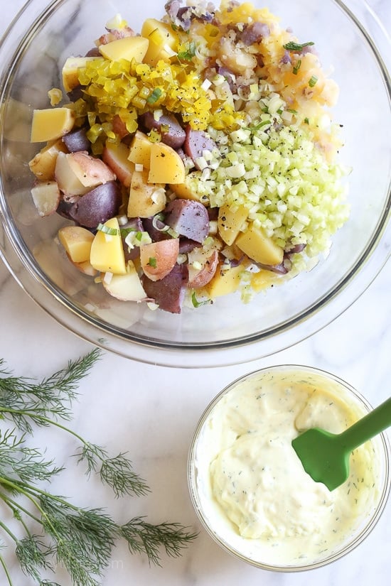 This creamy potato salad made with rainbow potatoes, celery, pickles, mustard and dill is lightened up using half mayonnaise, half yogurt. Perfect for picnics and backyard parties all summer long!
