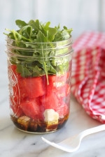 One of my favorite summer salad combinations is watermelon with feta, balsamic, red onion and arugula. It's so refreshing and light, and perfect to make in jars to take to the beach or park (I keep them chilled in cooler).