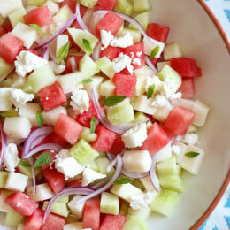 This Watermelon, Jicama and Cucumber Salad is light and refreshing for a hot summer day. A great side for just about anything you put on the grill!