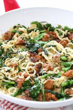 Broccoli rabe and spicy sausage are one of my favorite pasta dishes; this spiralized parsnip version replaces pasta for a hefty serving of veggies that won't disappoint!