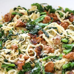 Broccoli rabe and spicy sausage are one of my favorite pasta dishes; this spiralized parsnip version replaces pasta for a hefty serving of veggies that won't disappoint!