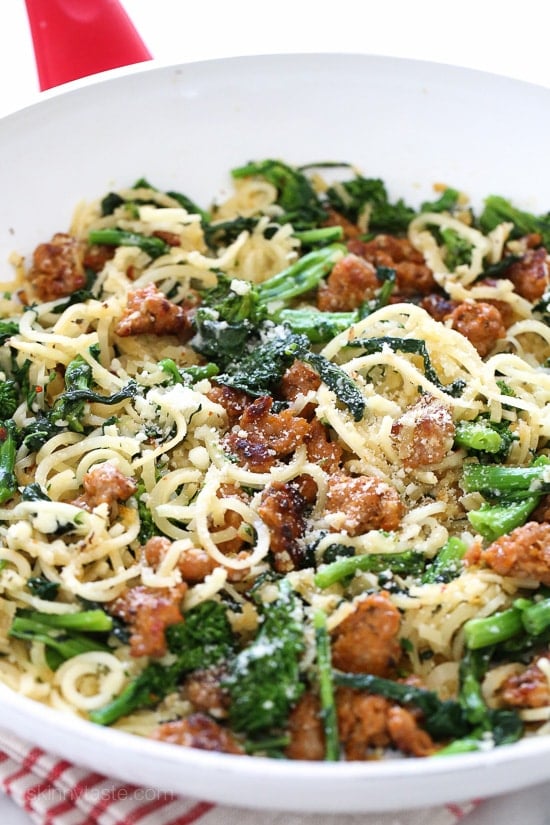 Broccoli rabe and spicy sausage are one of my favorite pasta dishes; this spiralized version made with parsnips in place of pasta for a hefty serving of veggies won't disappoint! If you don’t like the bitterness of broccoli rabe, broccolini or broccoli would also work in it’s place.