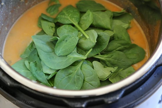 Soup base topped with spinach.