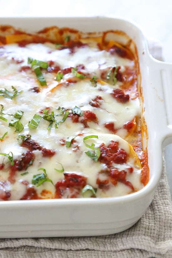 This fall lasagna swaps pasta for butternut squash layered with a chicken sausage meat sauce, ricotta, and mozzarella. Simply wonderful, you won't miss the pasta!