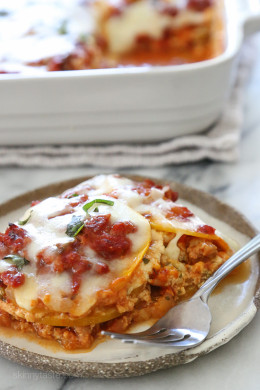 This fall lasagna swaps pasta for butternut squash layered with a chicken sausage meat sauce, ricotta, and mozzarella. Simply wonderful, you won't miss the pasta!
