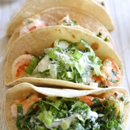 Shrimp Scampi Tacos with Caesar Salad Slaw, a unique twist on a shrimp taco and ready in under 20 minutes!
