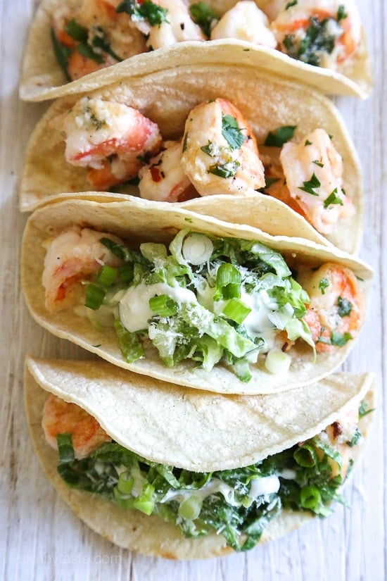 Shrimp Scampi Tacos with Caesar Salad Slaw, a unique twist on a shrimp taco and ready in under 20 minutes!