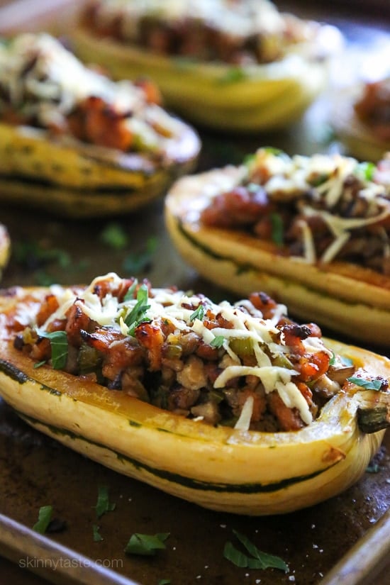 Stuffed Delicata Squash is stuffed with a savory sausage stuffing made with celery, onion and mushrooms, a wonderful contrast to the sweet flavor of the squash.