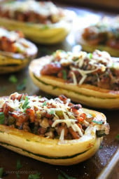 Delicata is very versatile, one of my favorite ways to eat it is stuffed with a savory sausage stuffing made with celery, onion and mushrooms – a wonderful contrast to the sweet flavor of the squash.