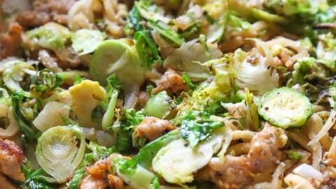 Spiralized parsnips make a wonderful pasta replacement in this satisfying, spicy Autumn dish made with brussels sprouts and spicy chicken sausage.