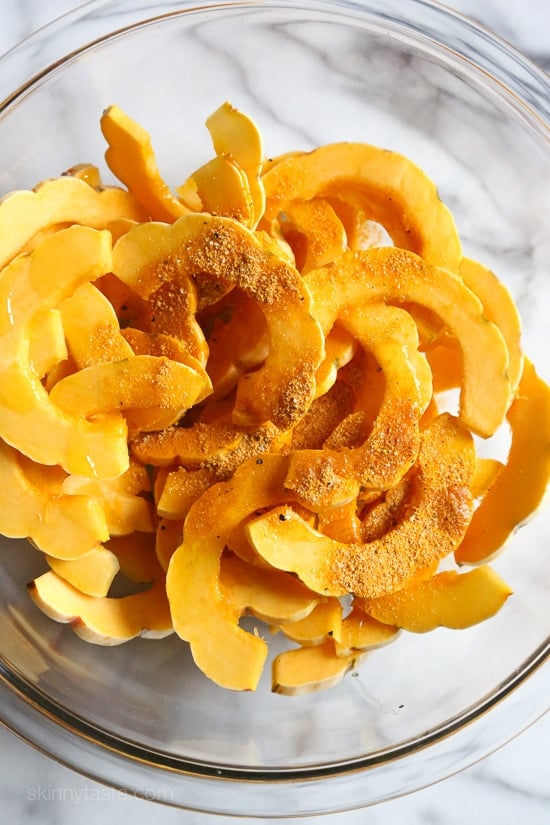 These are the perfect balance of savory and sweet, and fuss-free because you don’t have to peel the skin of the Delicate squash, so it’s pretty easy to prepare.