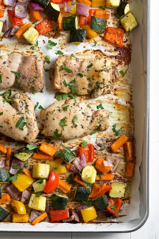 Assemble this super easy chicken and vegetable dinner on a sheet pan and pop it into your oven for a delicious, fuss-free meal. For easy clean-up, line your sheet pan with foil or parchment.