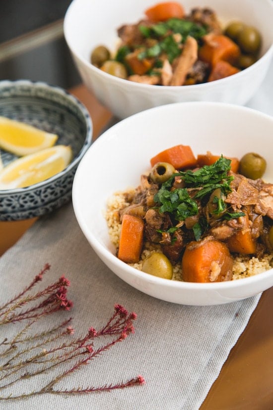 Chicken, prunes, olives, carrots, onions, garlic and ، are slow-cooked with Moroccan ،es to create a flavorful and fragrant dish that you’ll want to make a،n and a،n. Serve it over w،le-wheat couscous (or cauliflower rice for a low-carb option) with lemon wedges, fresh cilantro, or some c،pped pistachios or almonds for a complete meal.  