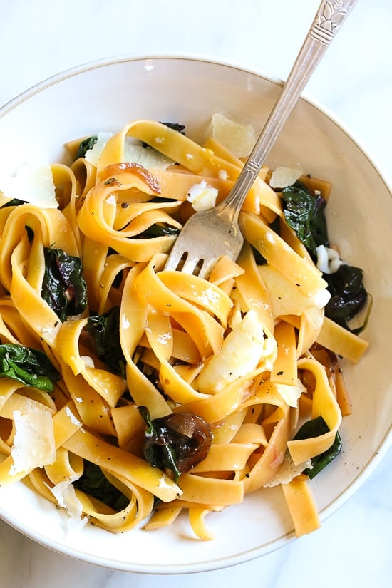 I always have eggs, pasta and some type of greens on hand; for this fettuccini dish I used Swiss chard but spinach, escarole or kale would also work.