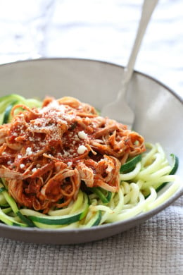 Pulled pork is not just for sandwiches, it's wonderful in this hearty sauce which is perfect over pasta, spaghetti squash or spiralized noodles.