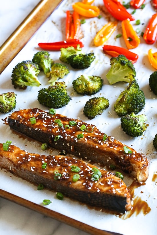 This delicious, colorful salmon dish is made with wild salmon filets, broccoli and mini rainbow bell peppers seasoned with Asian flavors. SO good, I could east this every week!