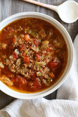 I love this cabbage soup recipe, made with ground beef, vegetables and tomatoes. It's the perfect cold weather soup and makes enough for leftovers.