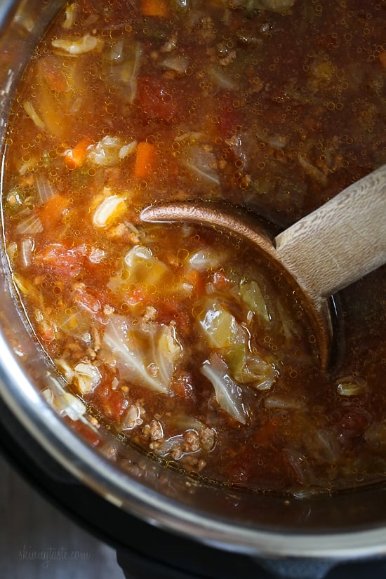 I love this cabbage soup recipe, made with ground beef, vegetables and tomatoes. It's the perfect cold weather soup and makes enough for leftovers.