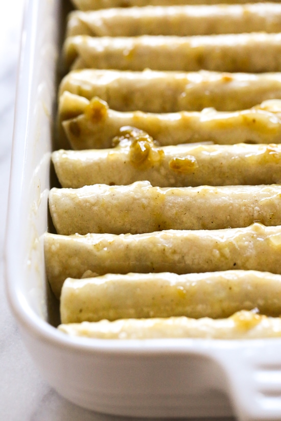 Traditional Mexican green chicken enchiladas, made lighter!