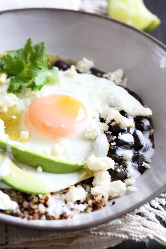 Eggs are not just for breakfast, I love them for lunch or dinner too! This flavorful protein-pack breakfast bowl has a Mexican flair, topped with salsa verde, black beans, avocados and queso fresco.