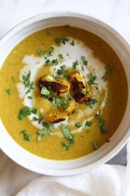 Roasting cauliflower enhances the flavors in this delicious, healthy soup. If you haven't jumped on the turmeric bandwagon yet, this soup is a great place to start! I like to reserve some of the roasted cauliflower as a garnish for the soup.