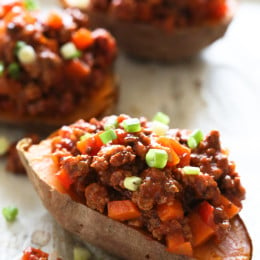 Swapping bread for baked sweet potatoes makes eating a Sloppy Joe so much healthier! This savory-sweet dish is gluten-free, dairy-free, whole30 and Paleo.